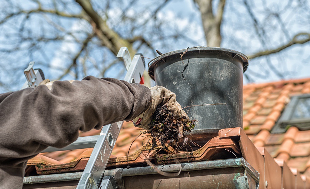 Homeowner wearing gloves and long sleeves to clean eavestrough