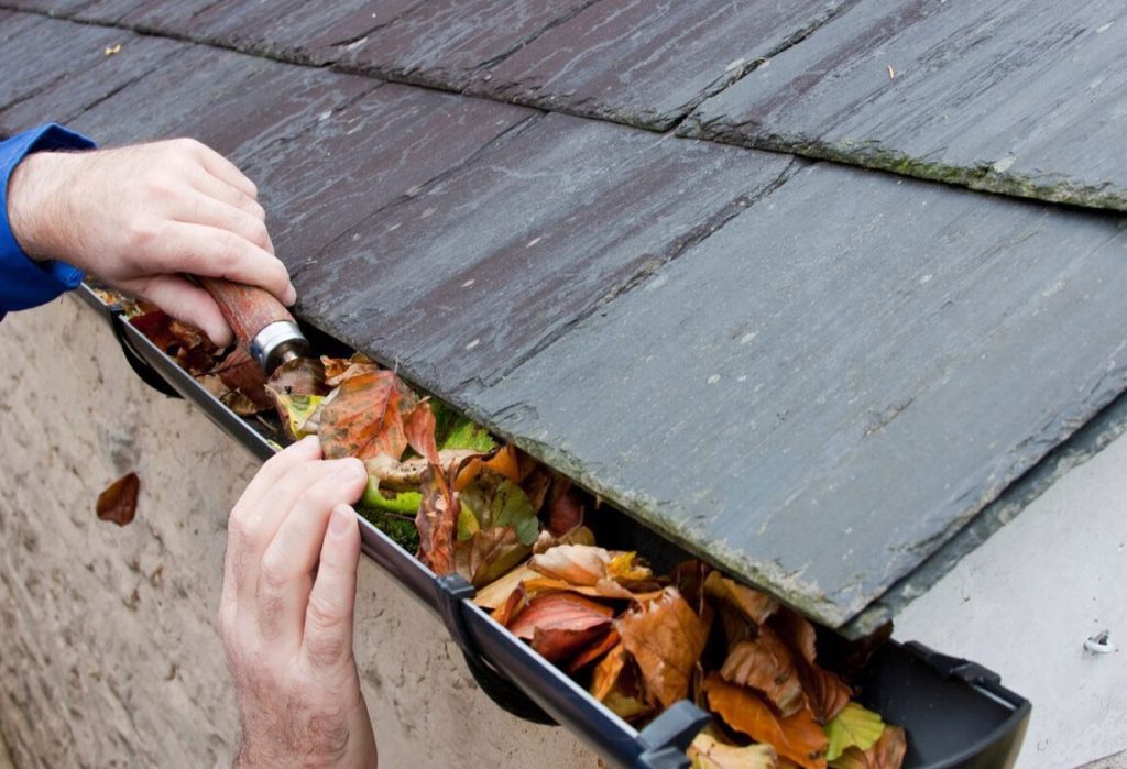 Person cleaning eavestrough full of leaves