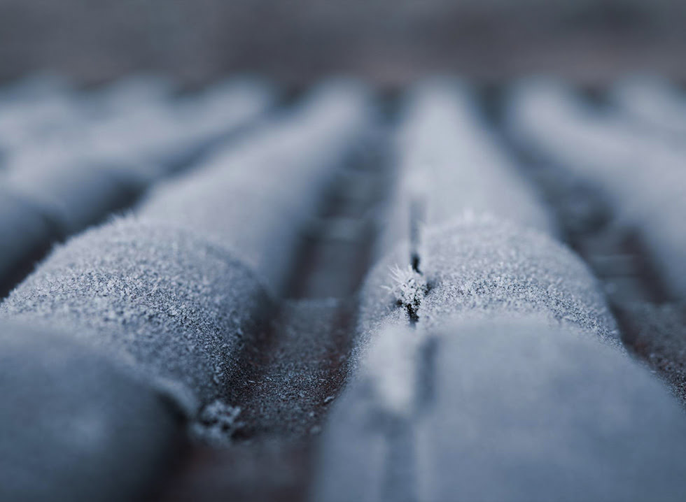 Frost on roof with asphalt shingles