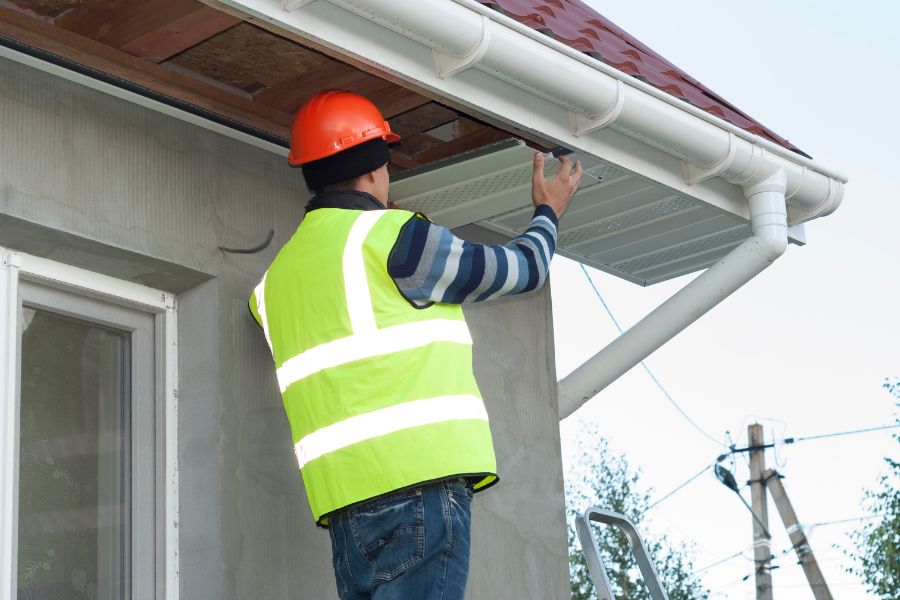 Worker installing soffit on house 